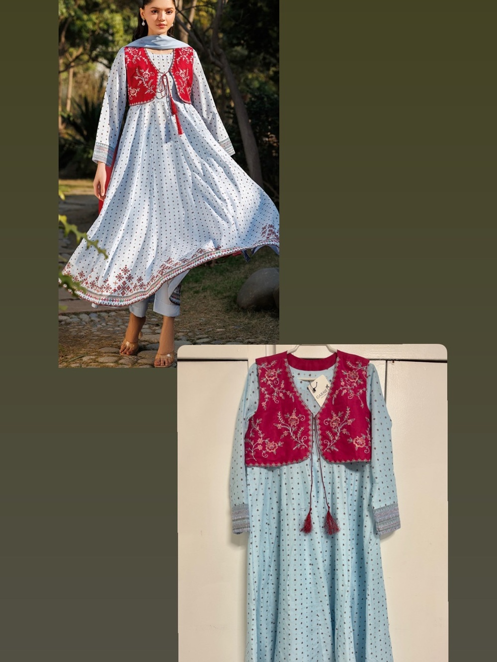 Light Blue Embroidered Maxi Dress with Red Vest